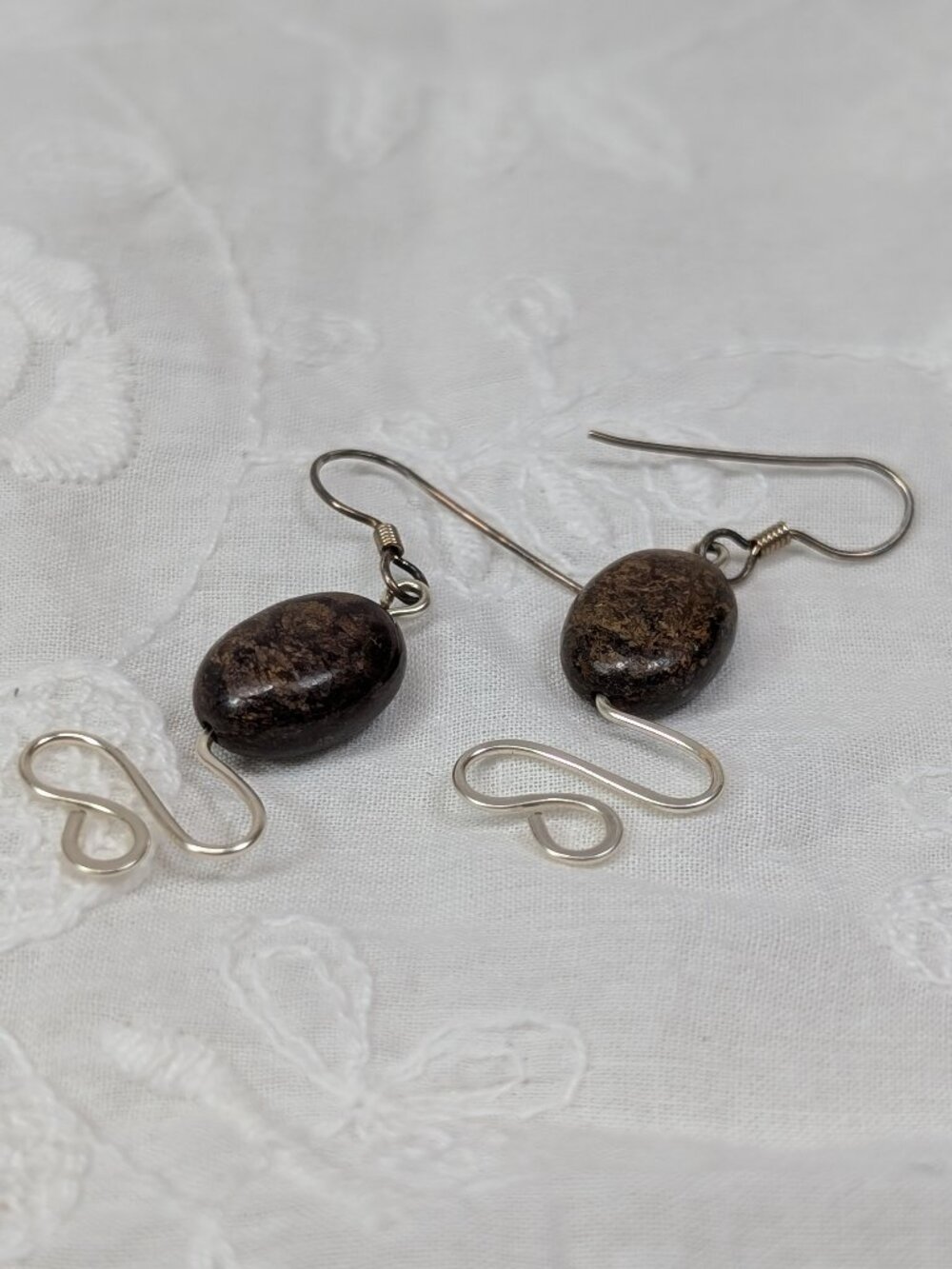 Handmade Brown Glass Bead Dangle Drop Silver Wire Earrings